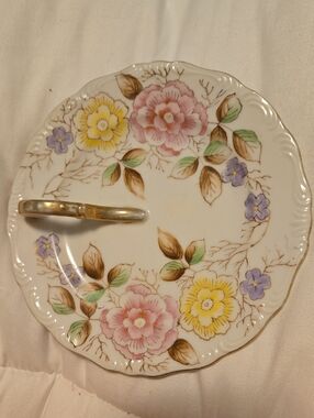 Porcelain Floral Serving Plate with Gold Accent Handle - Pink, Yellow, Lavender